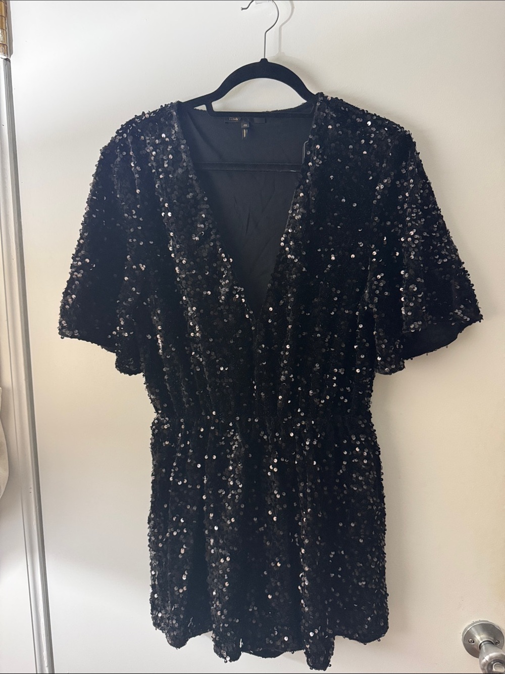 Maje Black Sequin V-Neck Short Dress